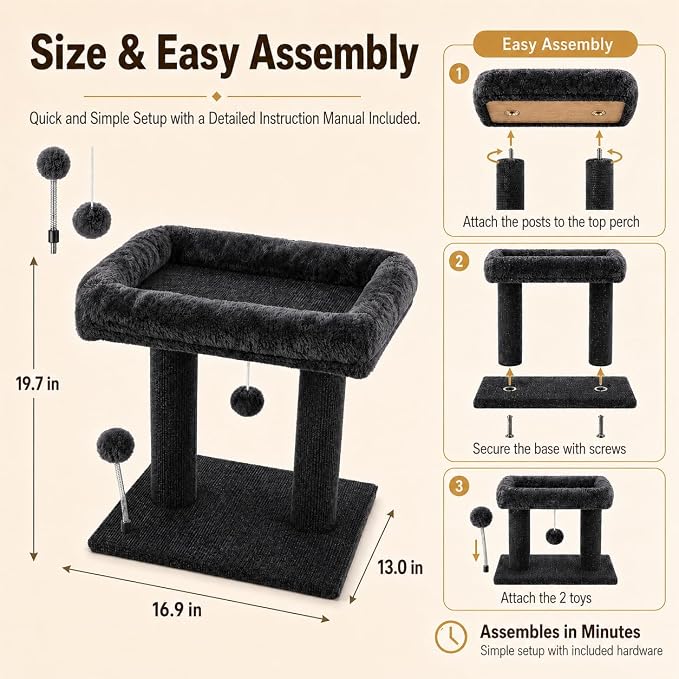 Small Cat Tree with Large Top Perch for Indoor Cats, Grey | Carpeted Scratching Post | Soft Plush Bed | Furniture Protecter | Small Cat Tower | Replacement Toy Balls | Space-Saving - Image 7