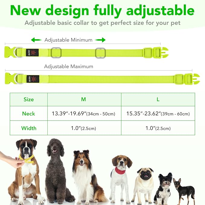 LED Dog Collar Light Up Dog Collars USB Rechargeable, Adjustable Size Heavy Duty TPU Nylon Webbing Glow Safety Basic Dog Collars for Large Medium Dogs (L, Neon Green) - Image 5