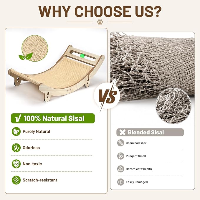 31.5" Sisal Cat Scratcher Bed with Bell Balls Wooden Cat Furniture(XXL) | Cat Scratching Post for Indoor Cats Hammock.Natural Sisal Cat Scratch.Anti Slip and Stable Without Shaking.Easy to install - Image 5