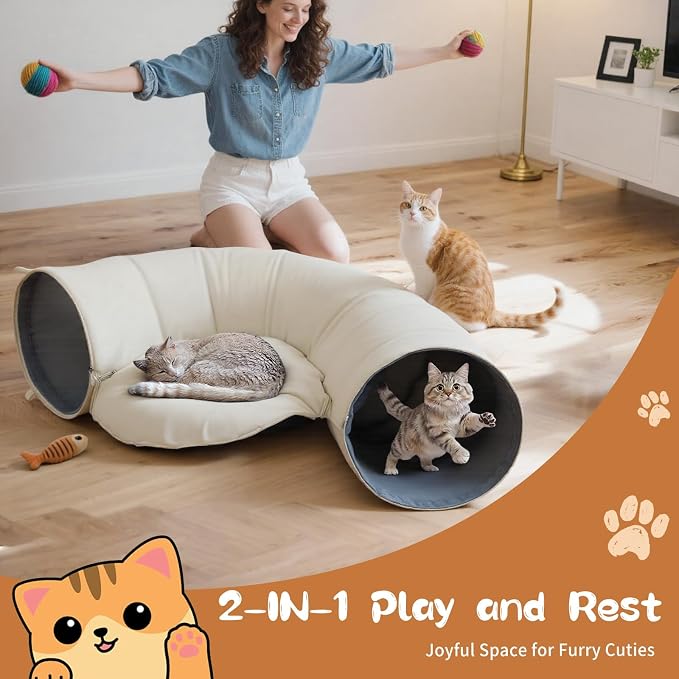 Pawaboo 2-in-1 Cat Tunnel Bed, 8-Shaped Cat Tunnels, Beige | Foldable Cats Cave Hideout Kitty Toys with Fluffy Balls, Donut Tunnel for Kitten Rabbit Ferret - Image 8