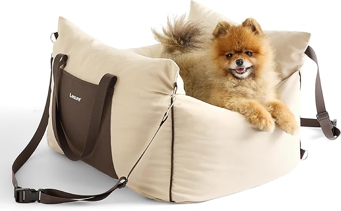 Lesure Dog Car Seat for Small Dogs,Booster Car Bed for Puppy Under 25lbs | Soft Pet Carseat with Clip-On Safety Leash and Thickened Memory Foam Filling,Dog Travel Carrier Bed with Storage Pocket,Beige by Lesure