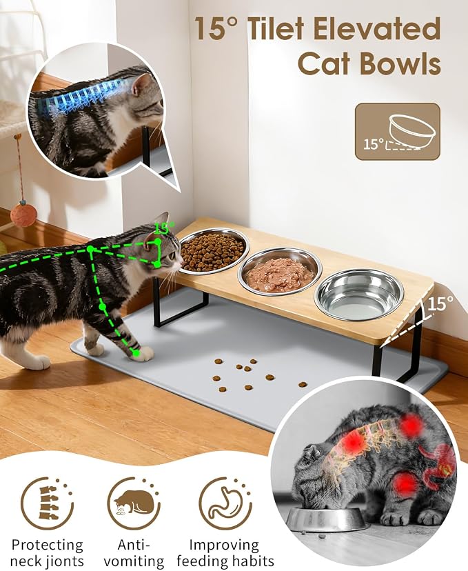 Elevated Cat Bowls, 15°Tilted Raised Cat Food Bowls with Mat, Cat Food and Water 3 Stainless Steel Bowl Set for Indoor, Anti-Vomiting, Whisker Fatigue. - Image 2