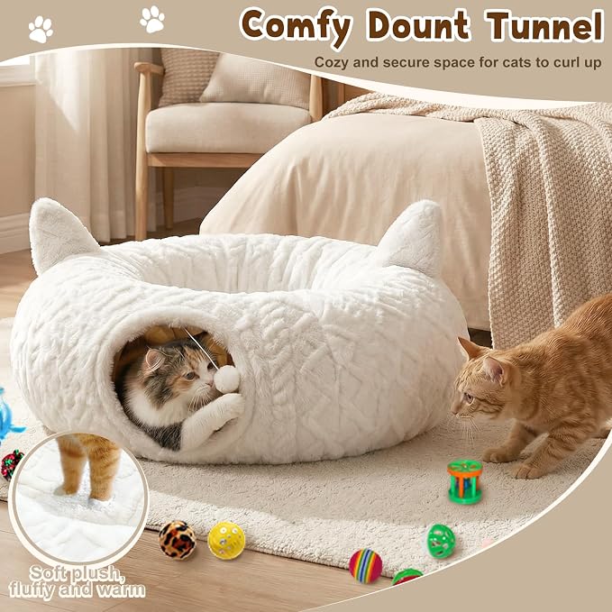 OurWarm Cat Tunnel Bed for Indoor Cats, Soft Plush Cat Donut Tunnel with 11 Pcs Interactive Toys & Washable Mat, Round Peekaboo Pet Cave Play Tunnel Under Christmas Tree for Kitten Rabbit - Image 5