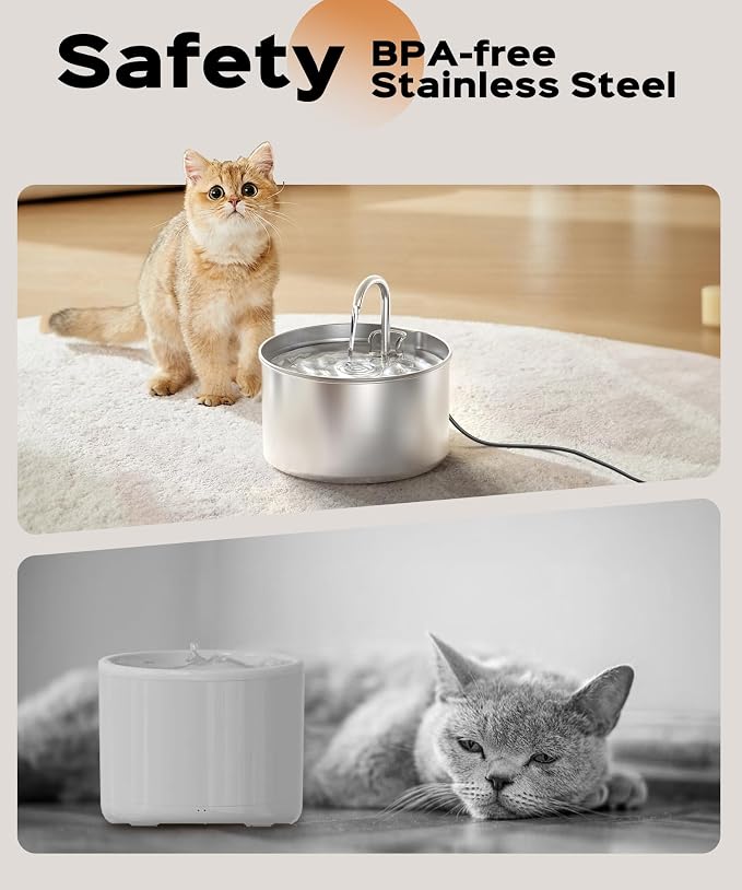 Cat Water Fountain Stainless Steel + 6 Filters + 3 Sponges - Pet Water Fountain 24/7 Keep The Water Fresh 74oz Capacity Ultra-Quiet No Sputter Compact Easy to Clean - Image 3