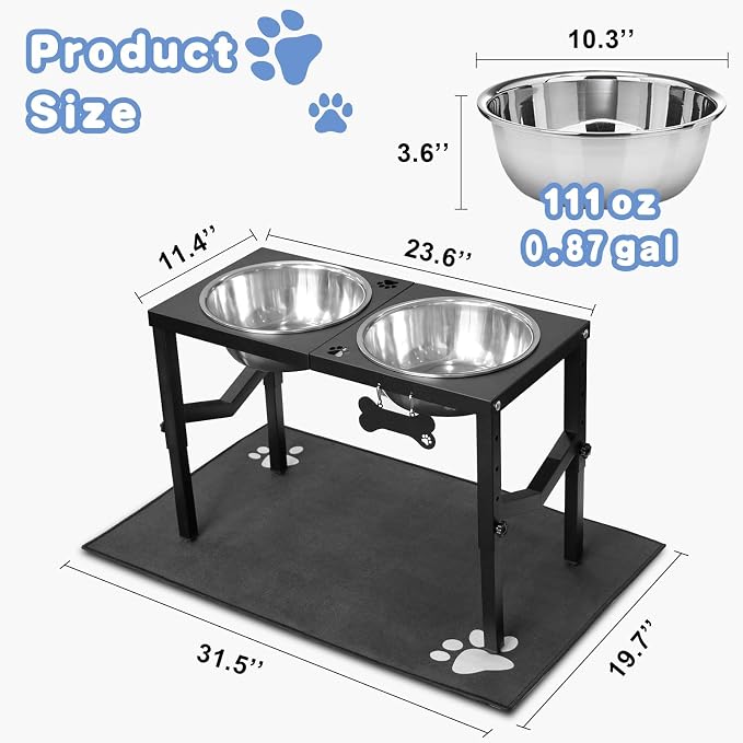Elevated Dog Bowls, 4 Height Adjustable Metal Raised Bowl Stand with 2 Large 111 oz Stainless Steel Food Bowls & Spill-Proof Mat, Adjusts to 16.2'', 14.4'', 12.6'', 10.8'' for Large/Extra Large Breeds - Image 4
