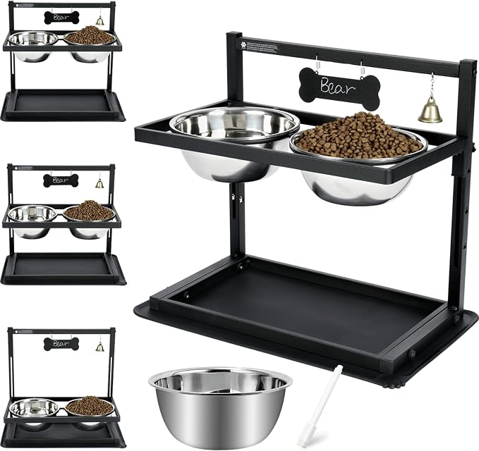 SHAINFUN Elevated/Raised Dog Bowls Stand Adjusable Height with Two 1.7L Stainless Steel Food Bowls and Spill Proof Mat, for Large and Medium Dogs. by SHAINFUN