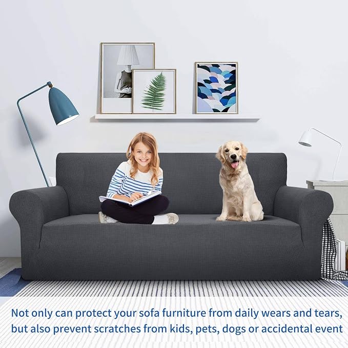MAXIJIN Super Stretch Couch Cover for 3 Cushion Couch, 1-Piece Universal Sofa Covers Living Room Jacquard Spandex Furniture Protector Dogs Pet Friendly Fitted (Large, Gray) - Image 5