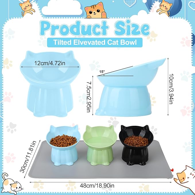 3 Pcs Elevated Cat Bowls 15°Raised Cat Food Bowl with Silicone Mat Green | Whisker Friendly Anti Vomiting Cats Dishes Pet Food and Water Bowls for Indoor Cats Kittens - Image 7