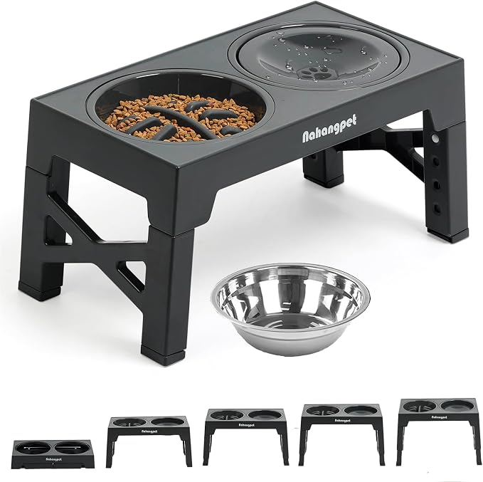 3-in-1 Elevated Slow Feeder Dog Bowls for Food and Water, 5 Heights Adjustable Raised Dog Bowls, Non-Slip, No Spill, for Small Medium Large Dogs and Cats(Grey) by NAHANGPET
