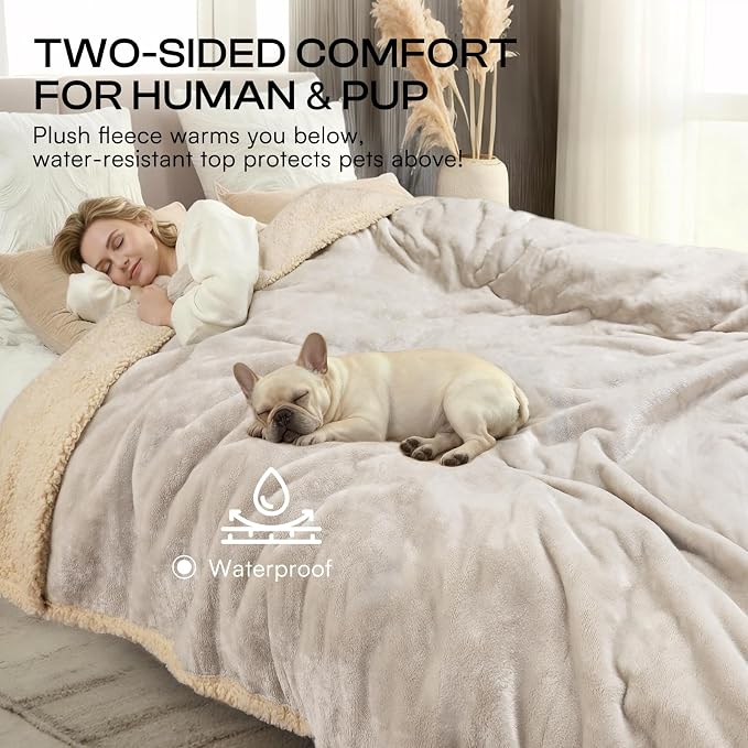 Luciphia Waterproof Pet Blanket, Liquid Pee Proof Dog Blanket for Sofa Bed Couch, Reversible Sherpa Fleece Furniture Protector Cover for Small Medium Large Dogs Cats, Grey Beige Large（65" x 57"） | waterproof pet blanket sherpa fleece reversible couch c... - Image 5
