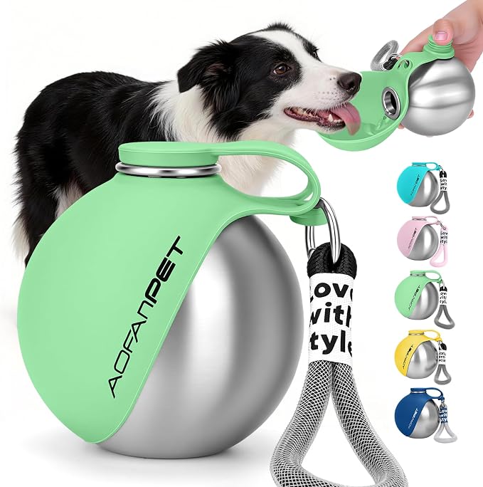 Portable Dog Water Bottle 10oz Stainless Steel Travel Dog Water Dispenser with Bowl No-Spill Puppy Water Bottle for Walking Hiking Small Dog Water Bottle (Mint Green) by AOFANPET