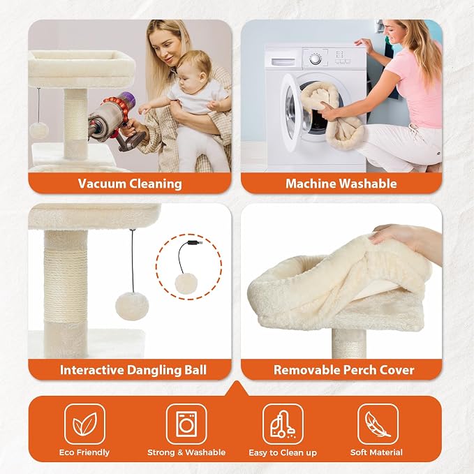 PETEPELA Cactus Cat Tree for Kittens & Small Cats, 32in Cat Tower, Beige | Compact 4-in-1: sisal ramp, cozy hammock, condo & washable top bed; for kittens & small indoor cats - Image 3