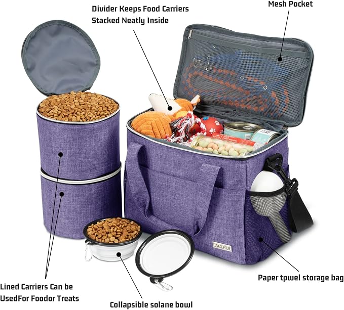 BAGLHER Dog Travel Bag Backpack Pet Supplies Backpack 5-Piece Set with Shoulder Strap 2 Lined Pet Food Containers 2 Foldable Feeding Bowls Essential Kit for Pet Travel - Image 7