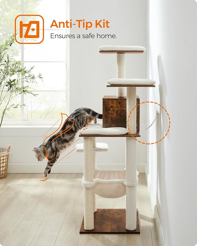 Feandrea Cat Tree, 56.3-Inch Modern Cat Tower, Multi-Level Plush Condo with Scratching Posts, Hammock, Washable Cushion, Rustic Brown UPCT164X01 - Image 8