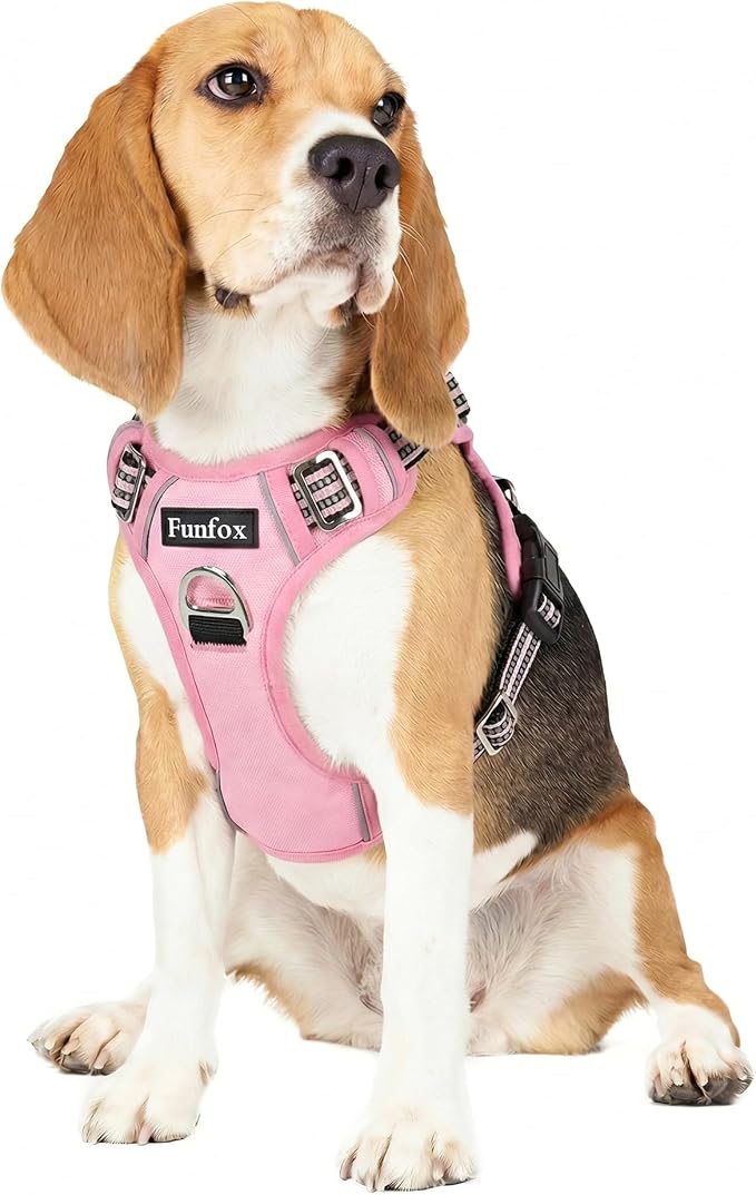 Dog Harness No Pull, Adjustable Pet Vest Harness, Super Soft Material with Vertical Handle Easy Control, Reflective Night Walking, 2 Leash Clips for Medium Sized Dogs, Pink, M by MyFUNFOX