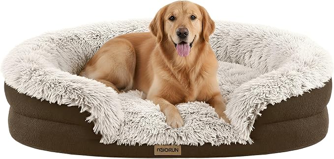 Miorun Fluffy Orthopedic Dog Beds Large Sized Dog, 43" Bolster Sofa Bed | Soft plush faux fur,lowered entry,washable cover,waterproof liner,claming dog couch for x-large dogs,supportive bolster by Miorun