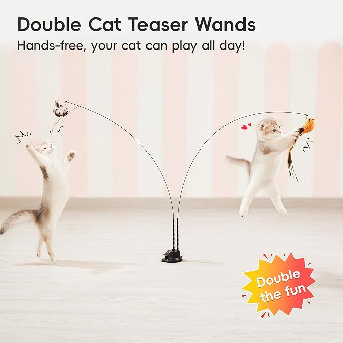 Potaroma Suction Cup Cat Wand Toys, Dual-Wand Interactive Kitten Toy | For Indoor Cats with 5 Pcs Feathers Balls Attachments, Charcoal Base - Image 3