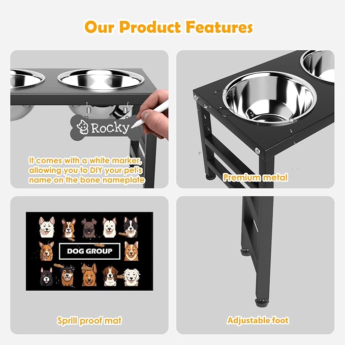 ADENGL 10" Elevated Dog Bowls – Metal Raised Dog Bowl Stand with 2 x 1700ml Stainless Steel Bowls, 1 Slow Feeder & Non-Slip Mat for Dogs - Image 4