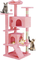DUMOS 54-inch Cat Tree Tower with Scratching Posts, Indoor Use | Multi-Level Pet House for Large Cats with 2 Condos, Round Platform, Small Ladder and Toys, Pink by DumosLifestyle