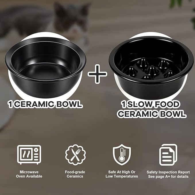 LEAWALK Upgraded Adjustable Height Cat Food Bowls Stand Ceramic Dog Bowls and Slow Feeder Cat Bowl, 15°Tilted Stand Anti Vomiting Raised for Small and Medium Sized Cats Dogs (Black) - Image 4