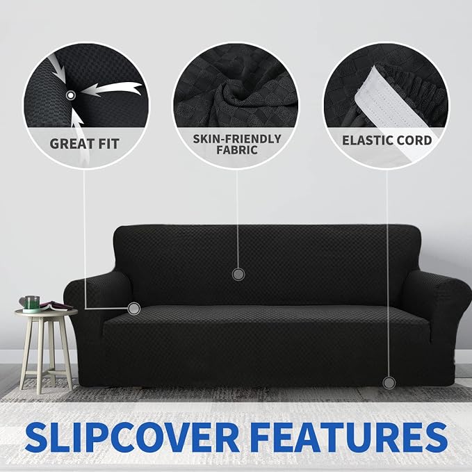 ZNSAYOTX 1 Piece Jacquard Couch Covers for 3 Cushion Couch High Stretch Sofa Cover for Pets Dogs Anti Slip Extra Large Sofa Slipcovers Furniture Protector (XL Sofa, Black) - Image 3