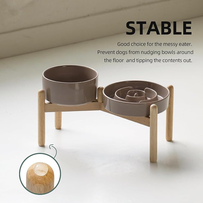 Havniva Elevated Slow Feeder Dog Bowls, Ceramic Dog Bowl Slow Feeder Set | 1.2 Cups Raised Slow Feeder Dog Bowl for Small Breed, 6.1” Dog Water Bowl with Wooden Stand, Puzzle Dog Food Bowl, Non-slip - Image 7