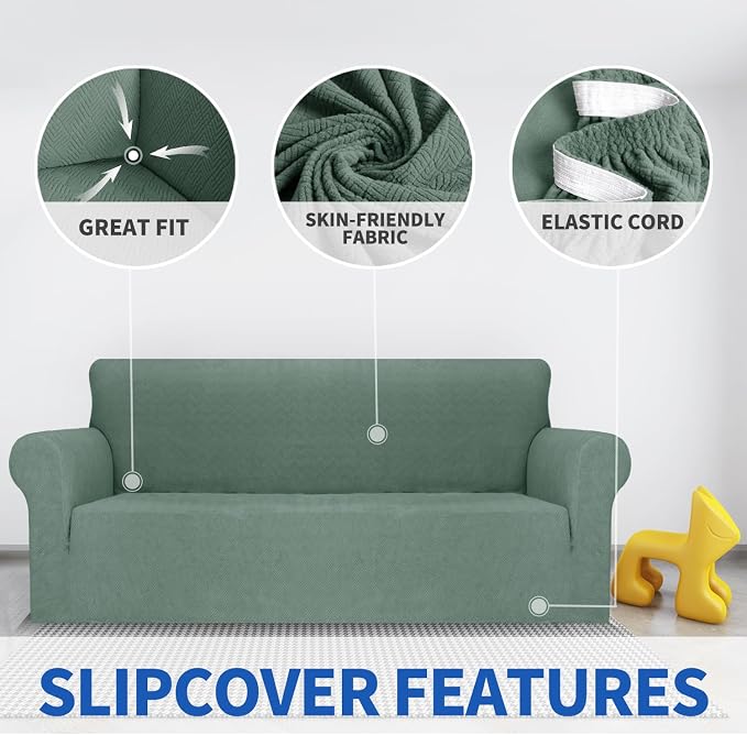 MAXIJIN Couch Covers for 3 Cushion Couch Sofa (71"-91"), 1-Piece Stretch Sofa Cover Slipcover Furniture Protector with Elastic Bottom for Kids,Dogs (Large, Diamond Pattern Pea Green) - Image 3