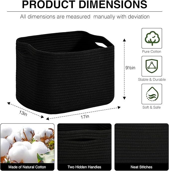 ICERZCZ Woven Cotton Rope Storage Basket for Organizing, Cute Decorative Baskets for Gifts Empty, Organizer Bins for Dog Toy, Baby Laundry, 17“×13”×9.5“, Black - Image 2