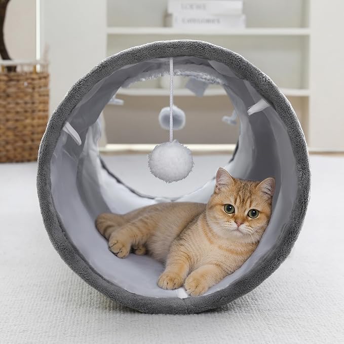 Straight Bubble Cat Tunnel for Indoor Cats 47"x12", Grey | Cute Cat Toys, Collapsible Tunnel Tube with Hanging Balls for Puppy Kitten Rabbit - Image 7