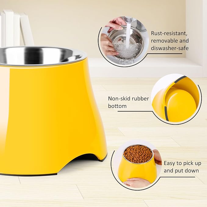 Dog Bowls,Cone Friendly Non-Slip Single Dog Bowl with Stainless Steel Inner, Raised Bowls for Small Dogs Spaniel Dogs Long Ear, High Capacity, M/2 Cup Yellow - Image 4