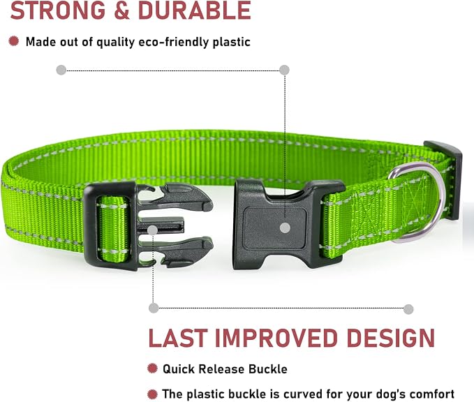 Reflective Dog Collar, Puppy Collar with Buckle Adjustable, Grass Green XS | Breathable Nylon Collars for Small Medium Large Dogs, No Chafing on Walks and Outdoor Hikes, Metal D-Ring, Night Safety - Image 2