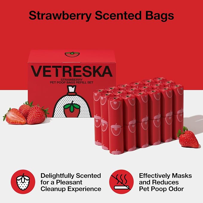 VETRESKA Strawberry Scented Dog Poop Bags, Leak Proof, 540 Counts | Extra Thick and Large Pet Waste Bags for Dogs Walking and Cat Litter, 36 Rolls - Image 2