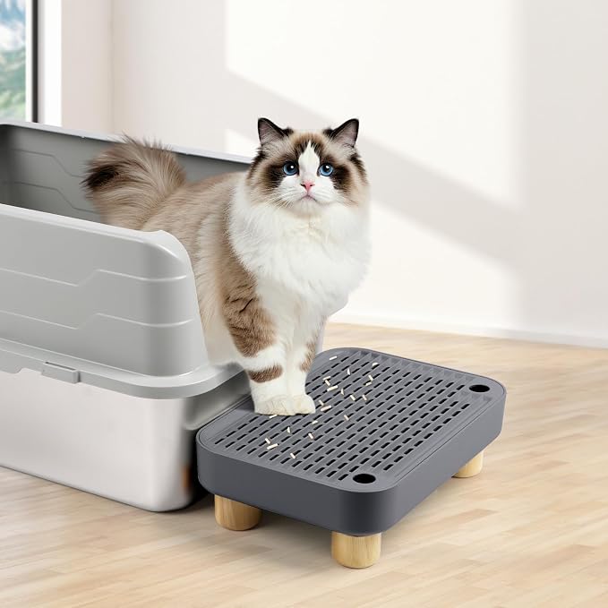 Litter Box Step, Cat Litter Ramp with Wooden Base, Dark Grey | Double Layer Litter Box Ramp for Kitten & Elderly Cats, Litter Catcher for Automatic Cat Litter Box, Easy to Clean - Image 7