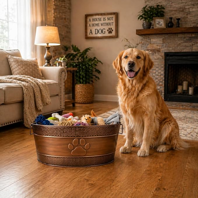 BREKX Copper Metal Dog Toy Storage Bin, Indestructible, Large | Toy Box, Blanket & Leash Organization • Handles - Image 2