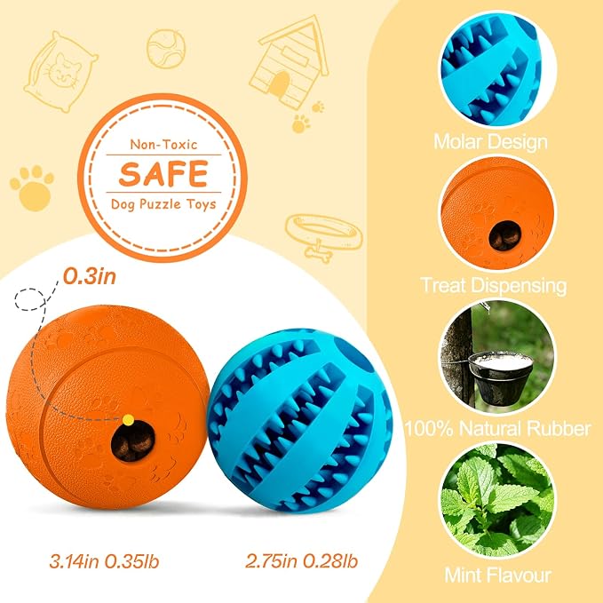 HIPPIH Dog Puzzle Toy 2 Pack, Interactive Dog Toys for Treat Dispensing | Durable Puppy Enrichment Toys, Dog Treat Ball for Teething, Slow Feeder, IQ Training, Blue-2.75'', Orange-3.14'' - Image 2