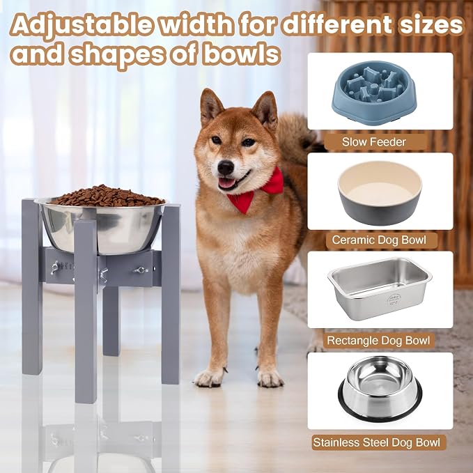 Elevated Dog Bowl Stand Adjustable Dog Food Holder 10”H Medium Grey | 10” Elevated Dog Bowl Stand, Medium Dogs, Adjustable, Fits 7”-10” Bowls, Single Bowl Holder, Natural Bamboo, Classic Grey - Image 6