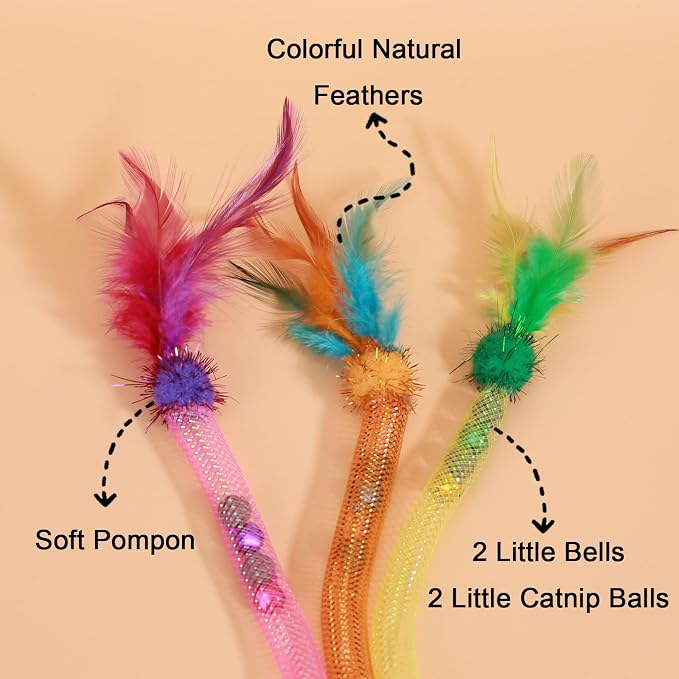 Interactive Cat Toys with Feather, Colorful, 3 Pcs | Stretchable Mesh Tubes, Bell Inside, Catnip Inside, Interactive Play String for Cats and Kittens, Cat Nip Chew Toy - Image 6