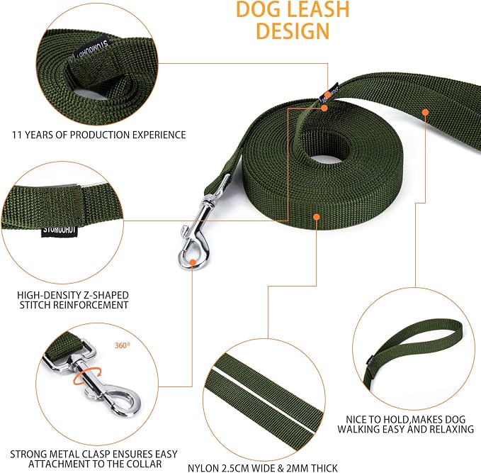 Strong Durable Nylon Dog Training Leash, 1 Inch Wide Traction Rope, 6 ft 10ft 15ft Long, for Small and Medium Dog (Military Green, 15 Feet) - Image 3