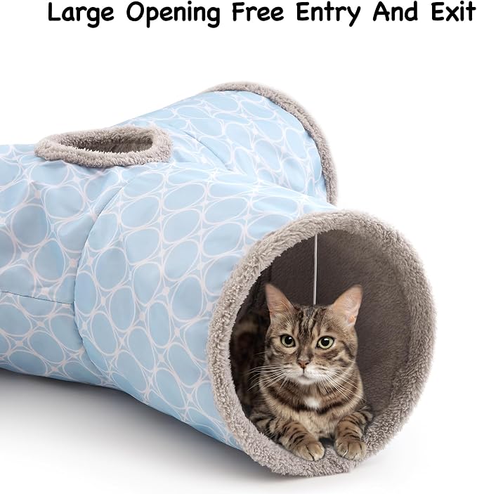 Tempcore Cat Tunnel for Indoor Cats, 3 Way Collapsible Pet Play Tunnel with Teaser Wand, Peek Holes & Hanging Ball, Interactive Tube for Kittens & Rabbits, Geometry Blue - Image 4