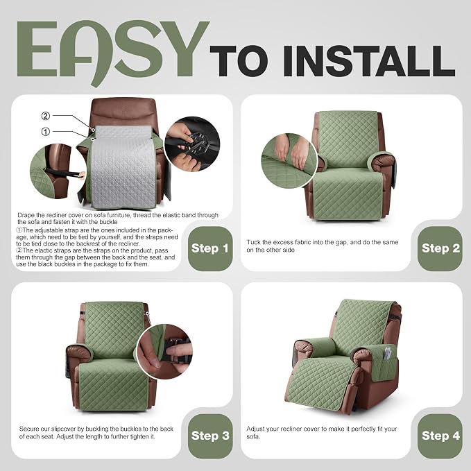 KinCam 100% Waterproof Recliner Chair Covers Washable, 23.6", Cactus Green | Anti Slip Reclining Couch Covers for Pets Dog, Recliner Sofa Slipcover Storage Pocket, Furniture Protector with Elastic Strap - Image 7