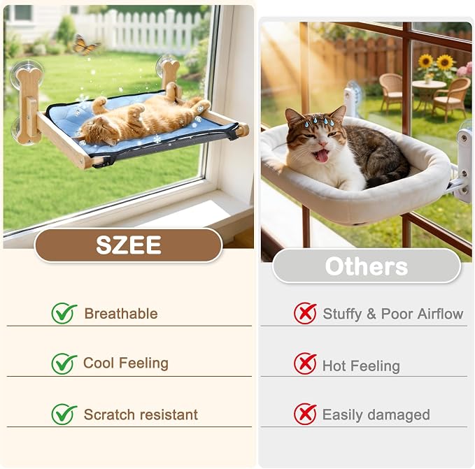 SZEE Cat Window Perch, Cooling Window Cat Bed with Cooling Mat, Foldable Pet Perch Hammock with Sturdy Wooden Frame & Large Suction Cup, with Soft Flannel Plush Backing for All-Season Use - Image 9