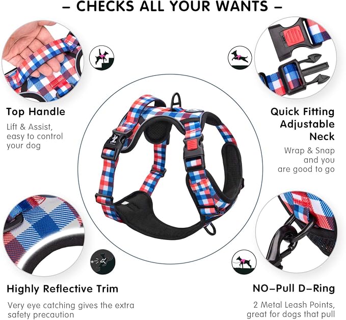 PoyPet Plaid Dog Harness Large, No Pull Vest with Front Clip & Neck Buckle | Padded Handle, Reflective, No Choke, Lockable, 2 Leash Rings, Full Adjustable, for Training Walking, XL, Checkered Blue - Image 2