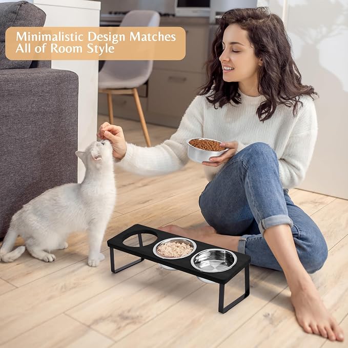 Elevated Black Cat Food Bowl for Indoor Cats, 3 Raised Water Bowl for Pet | Whisker Friendly, Anti Vomit, Feeding Station for Puppy, Stainless Steel, Pet Dish, Easy Assembly, Bamboo, Dishwasher Safe - Image 7