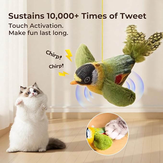 2-pack catnip cat toys that stimulate indoor cats' natural hunting instincts,Interactive plush bird toy with realistic chirping sounds to tease your cat (Green artificial bird + blue artificial bird) - Image 6