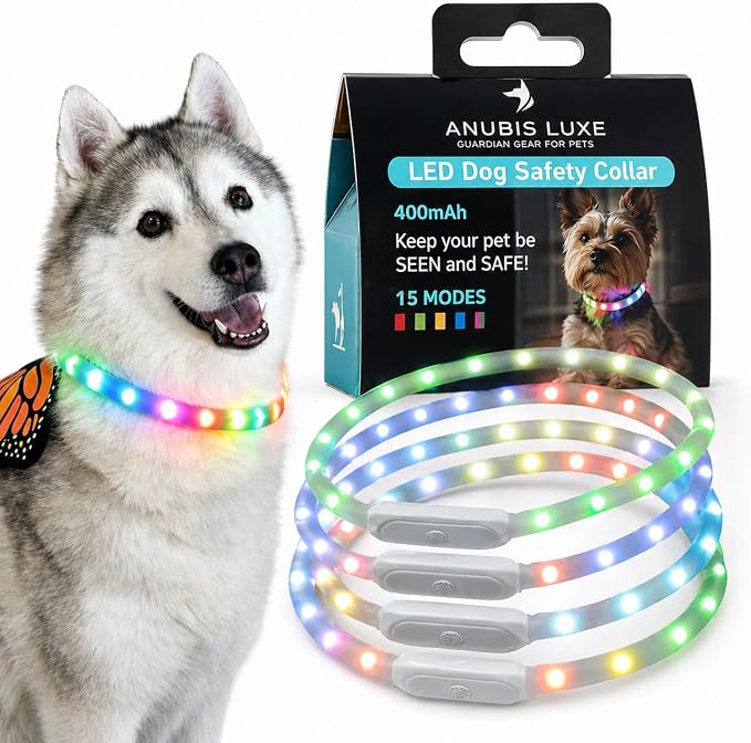 Light Up RGB Dog Pet Collar Multicolor Rainproof, LED USB C Rechargeable Glow in The Dark Collar for Night Walks, Soft Silicone Collar Cuttable for Small Medium Large Dogs 15 Color Modes by Unknown