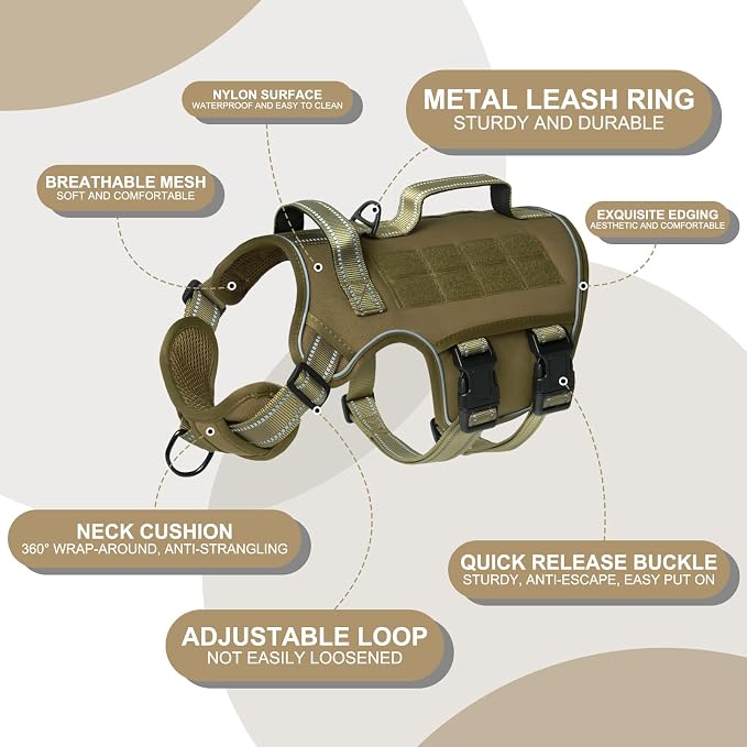Dog Harness Medium Sized Dog, No Pull Dog Vest with Molle System | Tactical, Easy Control With Handle, Breathable Soft Padded, Adjustable, Reflective, No Choke for Walking, Khaki Medium - Image 6