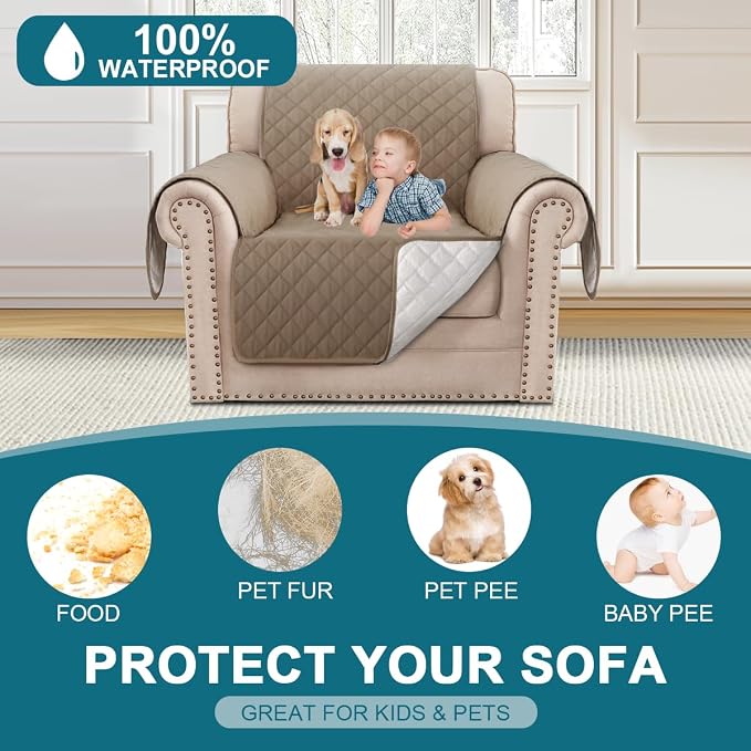 Turquoize 100% Waterproof Sofa Covers Chair Cover Slipcover Couch Protector Triple Non-Slip Sofa Slipcover for 1 Cushion Furniture Protector for Pets, Kids,Dog (Chair 23", Taupe) - Image 2