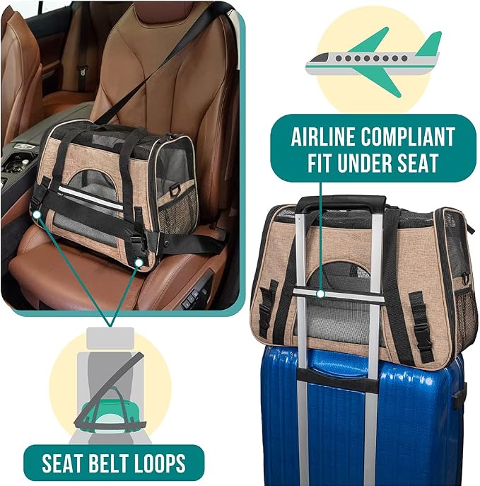 PetAmi Airline Approved Pet Carrier Cats & Small Dogs, Large Heather Taupe | Soft Sided TSA Travel Bag, Sherpa Bed, Breathable Mesh Ventilation, Collapsible Bowl, Fits Under Seat, Up to 18 lbs - Image 6