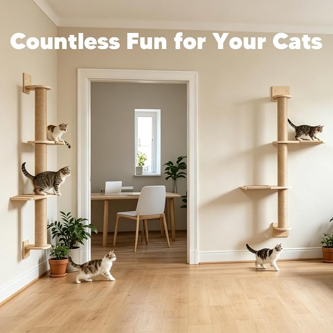 Tall Wall Cat Tree 47"‌, Wood Cat Wall Shelves Wall-Mounted Scratching Post | with Natural Jute Rope Adjustable Cat Tower for Indoor Cats (3-Tier Cat Tree, Natural Sisal Color) - Image 4