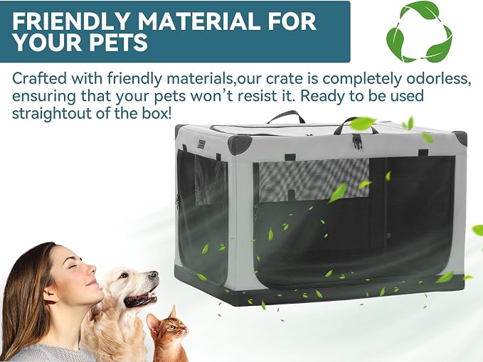PETSFIT 30" Soft Portable Dog Crate – Patented Spiral Sturdy Frame, Collapsible Travel Kennel for Medium Dogs, 3 Mesh Door, Lockable Zippers, Indoor & Car Use Gray - Image 7